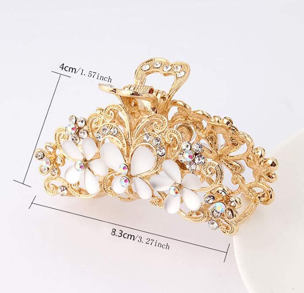 Women Lady Retro Hollow Carving Flower Hair Claw Clip Elegant Metal Rhinestone Hair Clamp Hair Pin (Gold) - Image 3