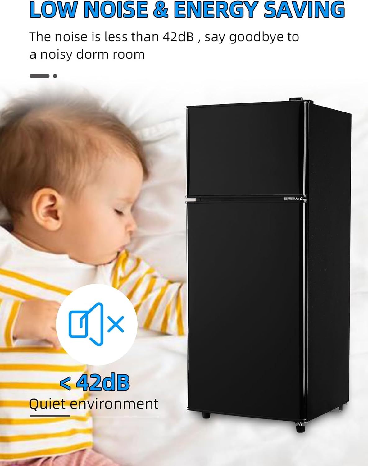 3.8 Cu.Ft Fridge with Single Door, Refrigerator with Freezer, Low Noise, 7 Temp Settings, Adjustable Shelves and Crisper Drawer for Dorm, Bedroom, Black
