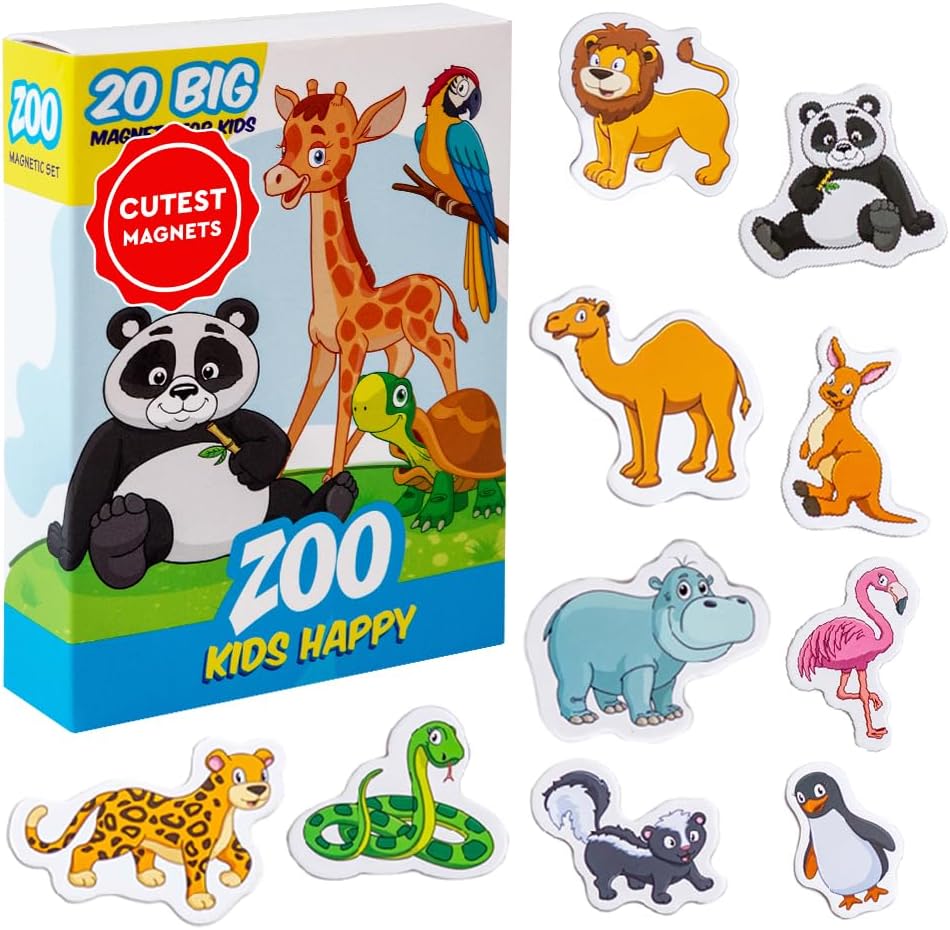 Zoo Animal Magnets for Kids 1-4 - Magdum - 20 Large Fridge Magnets - Educational Jungle Animal Learning Toy for Toddlers - Montessori Preschool STEM Set - Cute Wildlife Animals - Gift Idea