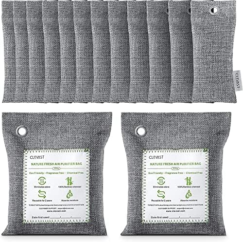 CLEVAST Bamboo Charcoal Air Purifying Bags (50g*12+200g*2),Activated Natural Home Odor Absorber, Deodorizer and Moisture Eliminator. Purifier for Closet, Shoe, Large Room. Car Air freshener. Pet Safe.