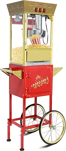 Máquina de palomitas de maíz vintage con carro, hervidor de acero inoxidable de 12 onzas y luz de calentamiento, hace hasta 60 tazas, ideal para