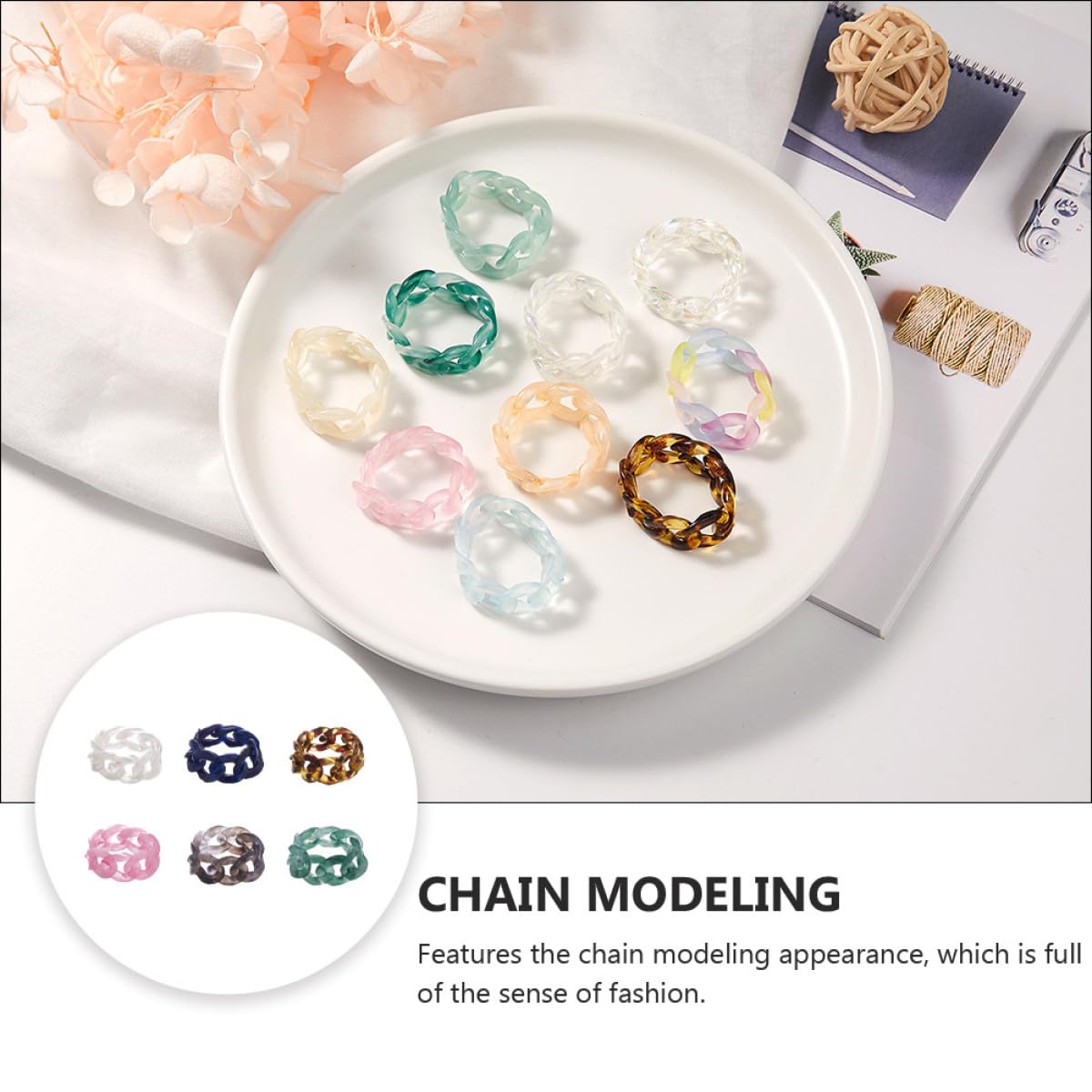 Cabilock Bague Chaine en Résine Créative Forme Chaîne, Pack de 6 Pièces, Bague de Main Unique pour Décoration Quotidienne et Accessoires Bijoux Artisanaux Couleur Aléatoire