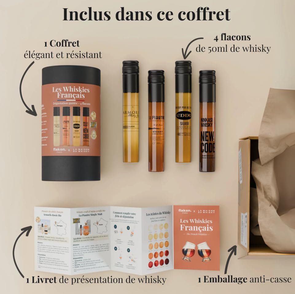 FLAKON Les Whiskies Français – Coffret Dégustation de 4 Flacons 50 ml – Whiskies Artisanaux de France Sélectionnés par La Maison du Whisky – Dégustation Guidée par un MOF – Idée Cadeau Homme Premium