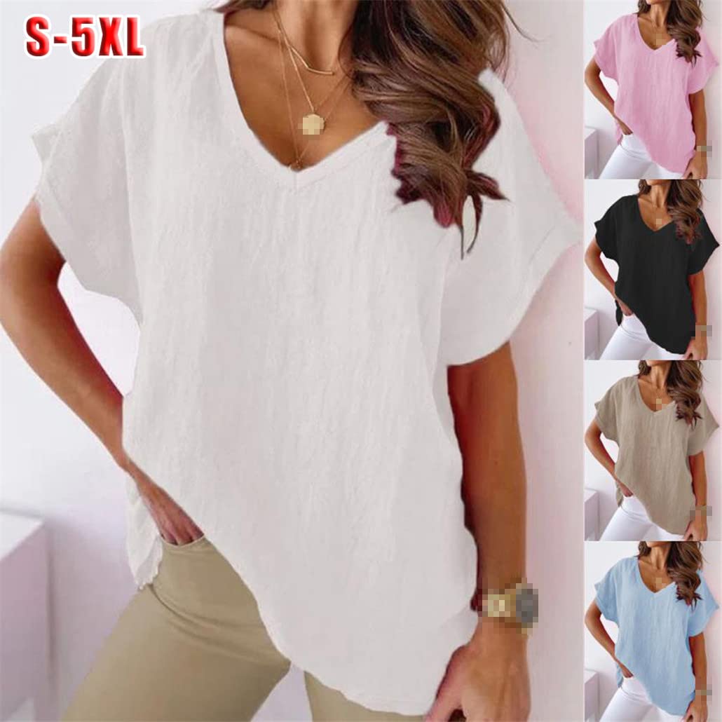 keusyoi Sommer Baumwolle T-Shirt Khaki Kurzarm Tops für Frauen Einfarbig Lose V-Ausschnitt Weiß Shirts