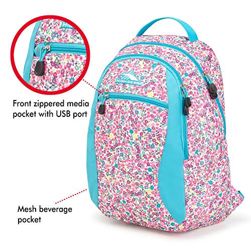 Image of High Sierra Curve Backpack, Prairie Floral /Tropic Teal - All-Around Bag with Large Main Compartment and Media Pocket with USB /Cable Port - Ideal for Travelers, Students, and Athletes