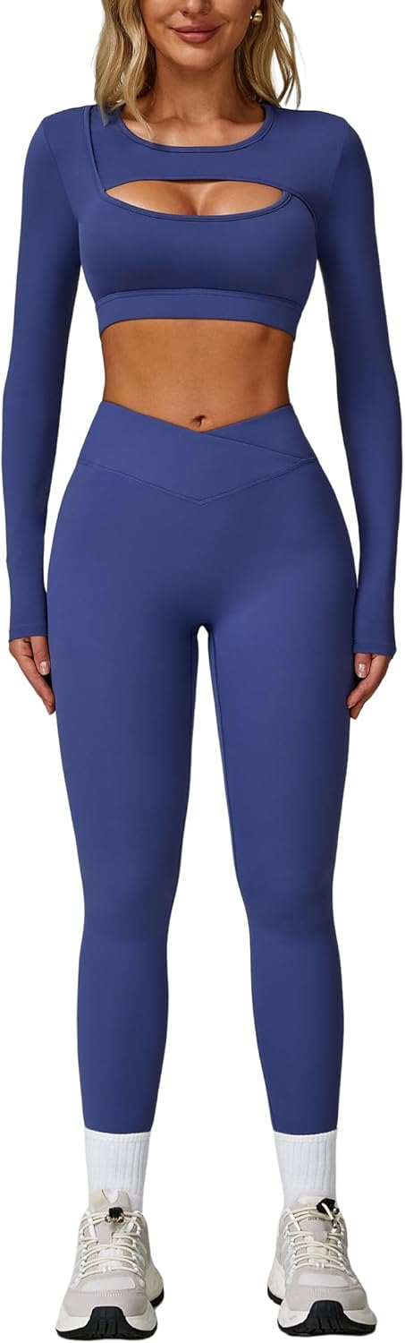 ABEHIK Workout Sets for Women 2 Piece Long Sleeve Seamless Cutout Crop Tops High Waist Leggings Yoga Athletic Gym Set