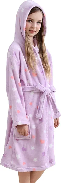 V.&GRIN Girls Fleece Hooded Robe, Kids Soft Plush Warm Printed Bathrobe Sleepwear Gifts for 5-14 Years