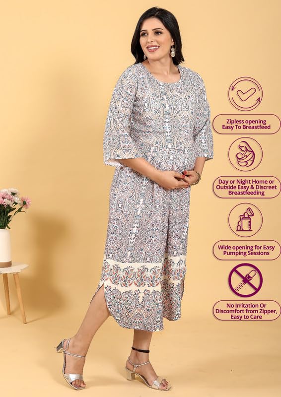 Image of RITIJYA Zipless Feeding Kurtis & Dresses for Women | Zipless Maternity Wear Gown Pregnancy Dress for Nursing Mothers | Viscose Rayon | Stylish & Comfortable | S to 4XL | Washable & Durable