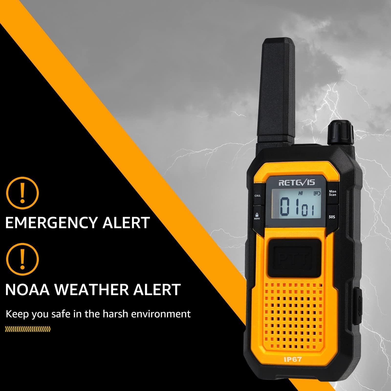 Retevis RB48 Heavy Duty Walkie Talkies Long Range,IP67 Waterproof 2 Way Radios, Shock-Resistant, 2000 mAh, USB-C, Emergency Alert,NOAA, MIL-STD-810H,Two Way Radio for Job Site (4 Pack) - 5