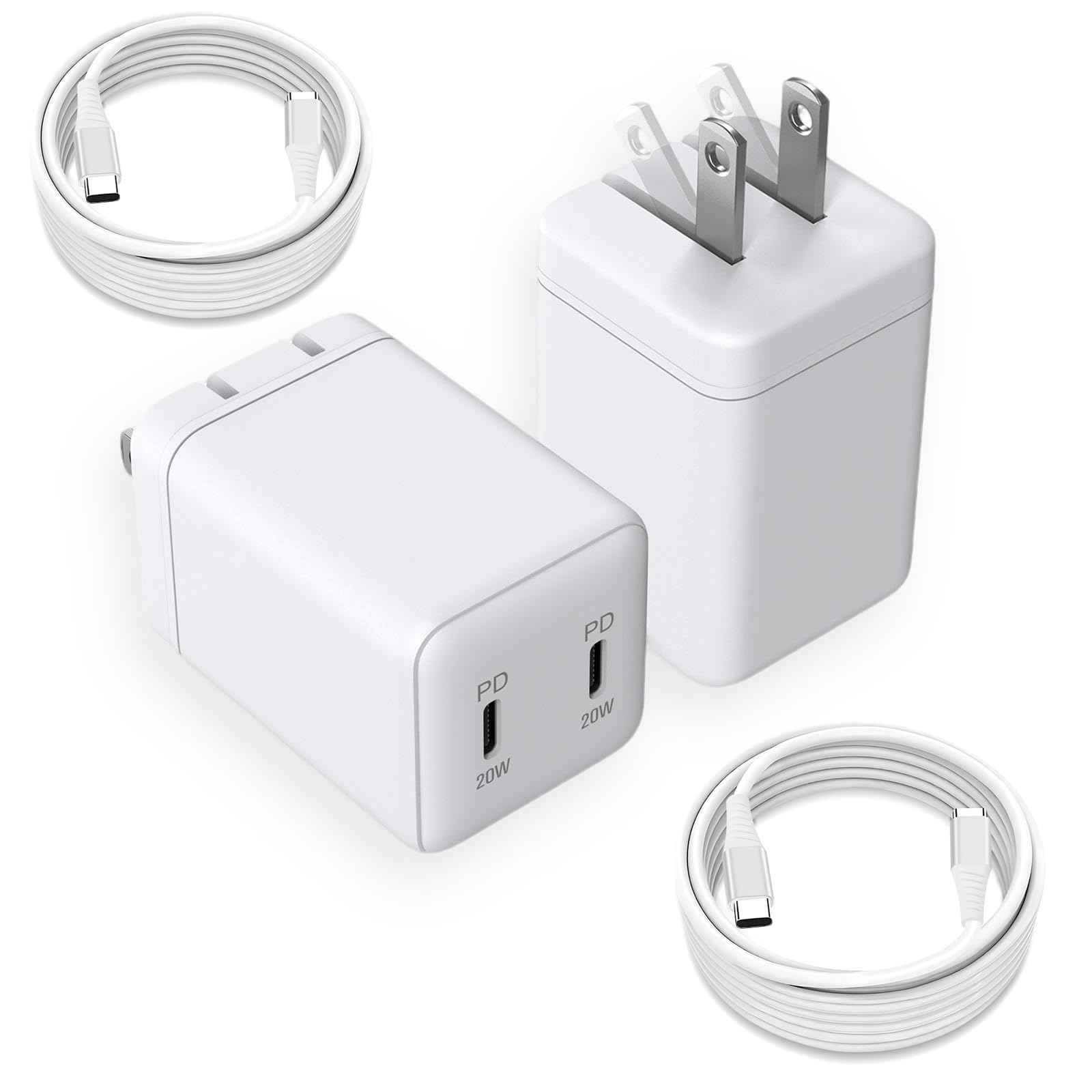 [ 2 Pack ] Foldable iPhone 15 16 17 Charger 40W with 6.6ft Cable, ipad pro Charger,Dual Port 20W Type C Fast Charger for iPhone 17 16 15 iPad air.