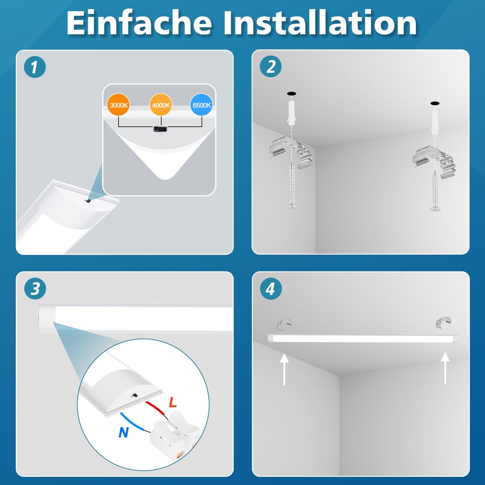 Feuchtraumleuchte LED 120CM, 36W 3960LM LED Feuchtraumlampe, 3000K/4000K/6500K Deckenleuchte Röhre, IP65 Wasserfest Lampe Lichtleiste für Werkstattlampe Kellerlampe, 2 Stücke