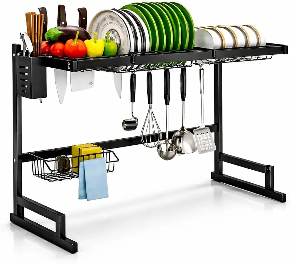 Escorredor de Louça Suspenso 2 Andares, Aço Inox Preto, 65cm, Organizador de Pia, Porta Pratos e Talheres, Suporta 20kg