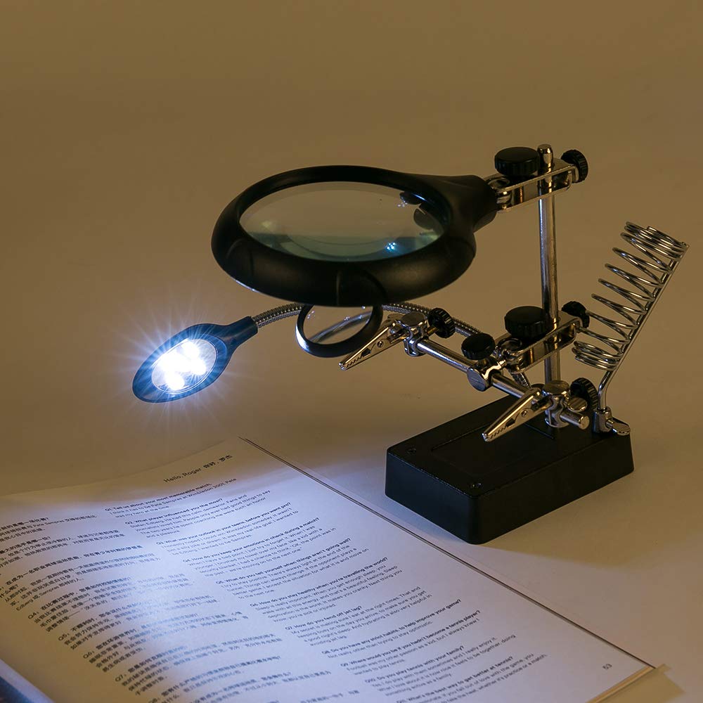 Stazione di saldatura con luce LED, ingrandimento 2,5x, 7,5x, 10x, morsetti di supporto regolabili, clip a coccodrillo per montaggio e riparazione elettronica