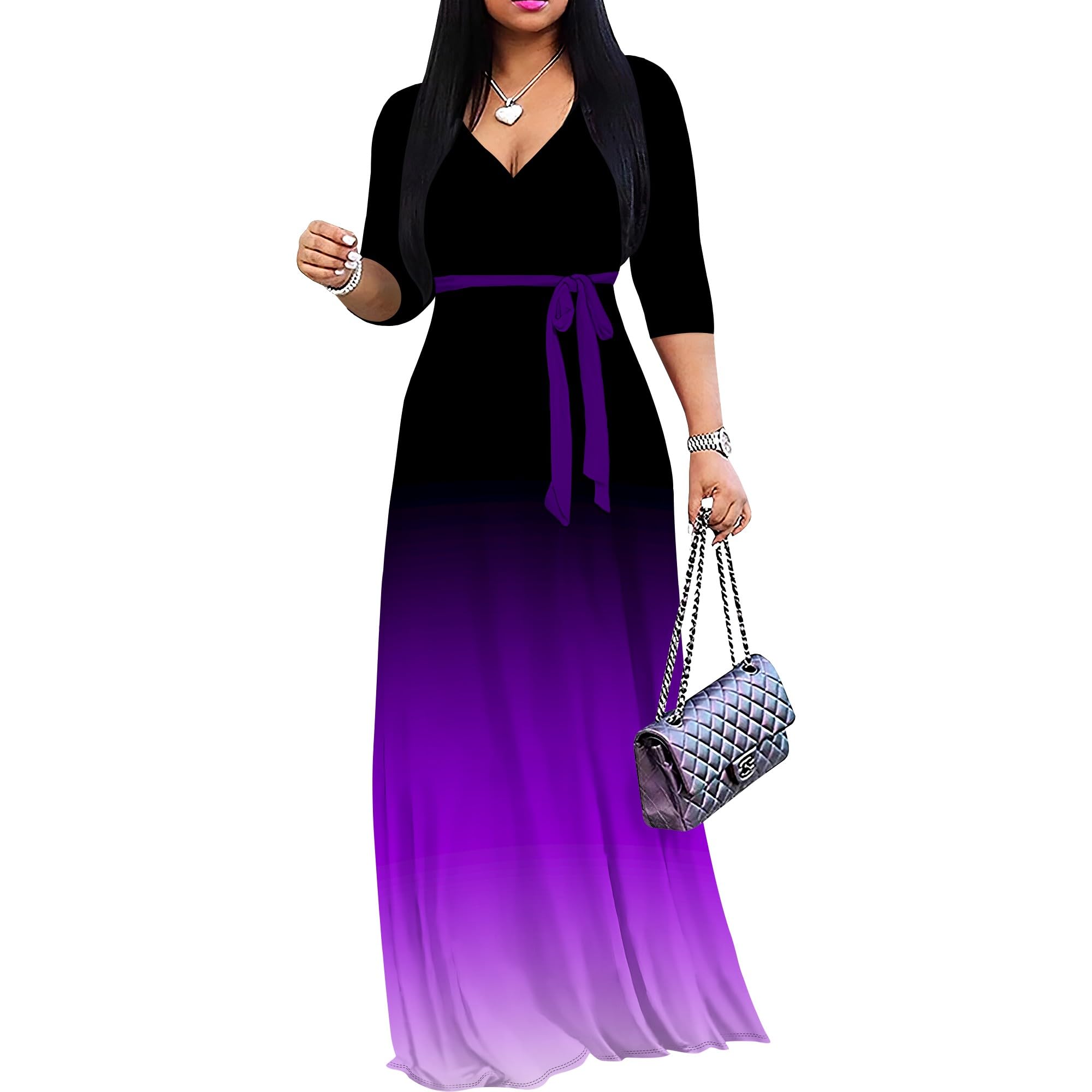 PinkPatty Women's Plus Size Maxi Dresses Casual Flowy 3/4 Sleeves Dress Printed Vacation Dress for Daily Wear with Belt