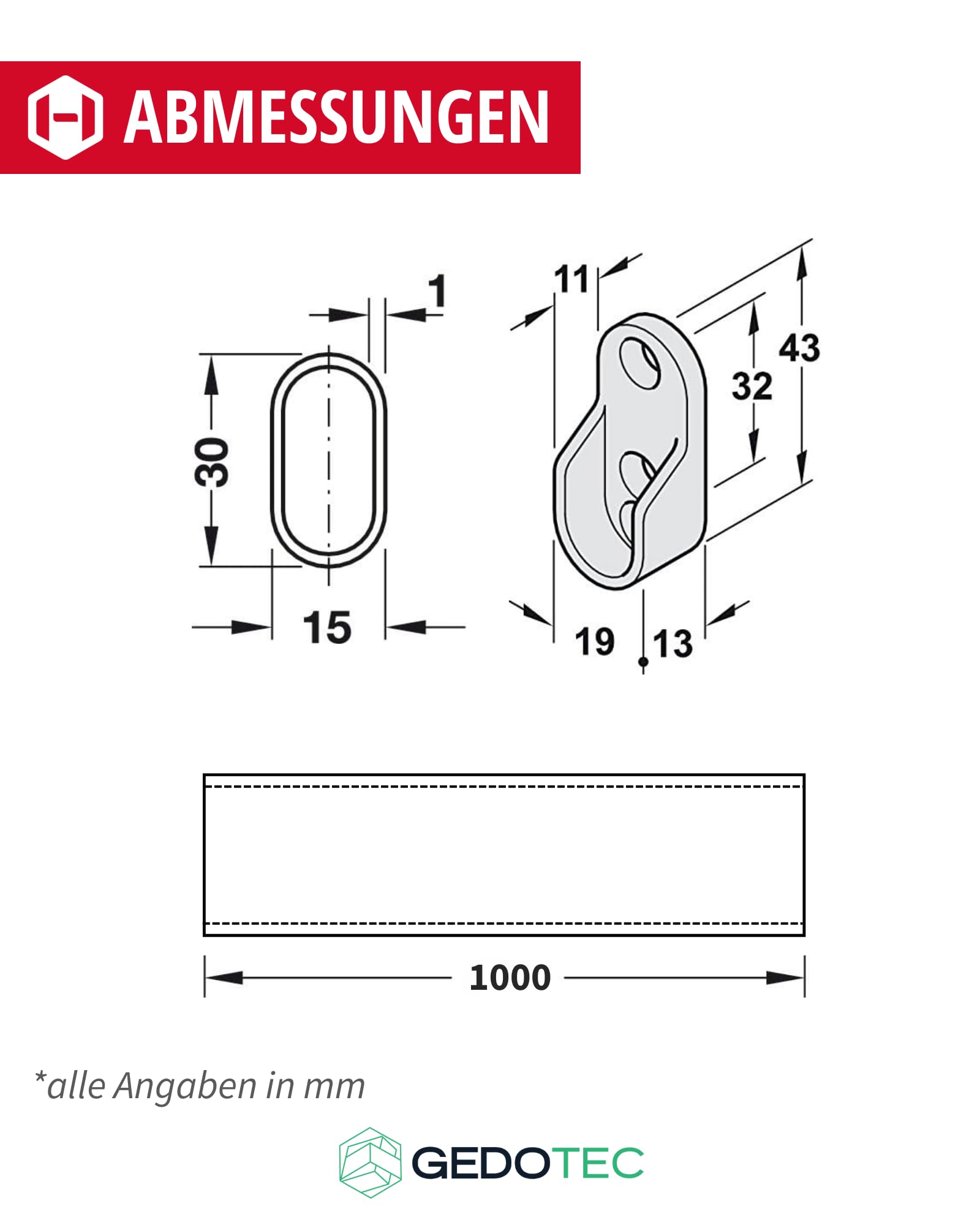 Gedotec Rail Suspension Meuble OVAL - Tringle 600mm Acier Chromé - 2 Supports Montage Mural