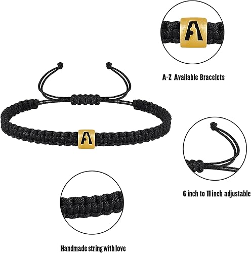 Miniatura 3 de VIBILIA Initial Bracelets for Women Men Teen Boys Girls Woven Rope Braided Letter Bracelet Gold 26 Alphabet Handmade Adjustable Black String
