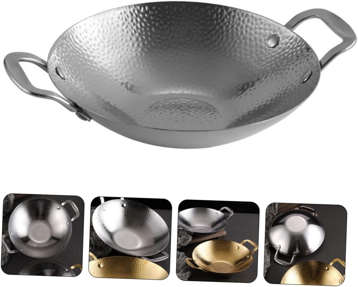 LIFKOME Double Handle Stainless Steel Cooking Pan Hammered Finish Household Hot Pot for Korean BBQ Sturdy Kitchen Cookware for Daily Use