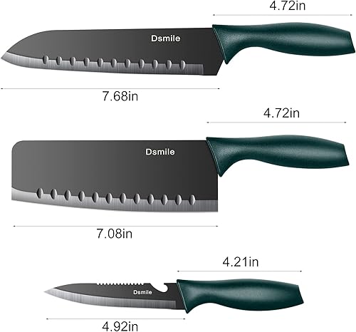Miniatura 2 de Dsmile Juego de cuchillos de cocina de acero inoxidable de 3 piezas (chef, utilidad, pelar) con hoyuelos revestidos y cubiertas para cuchillos, para