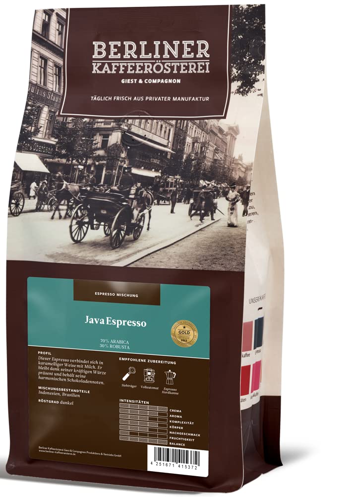 Berliner Kaffeerösterei - Java Espresso (1000g / ganze Bohne), Röstgrad Kaffee: dunkel, 70% Arabica Bohnen, Aromaprofil: Nussig/Süß/Würzig