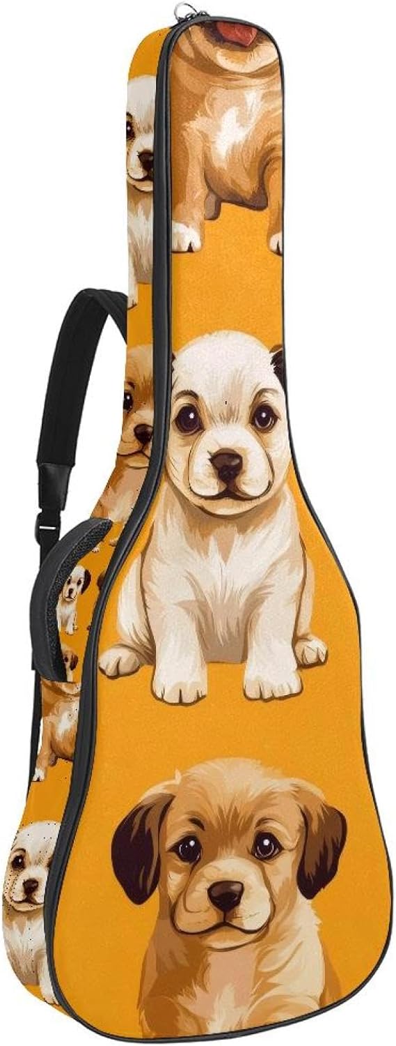 Cute Dogs Puppy Seamless Pattern Acoustic Guitar Gig Bag, 1 cm Thick Padding Waterproof Guitar Bag Backpack for 40 41 42 Inch Electric Bass Classical Guitars