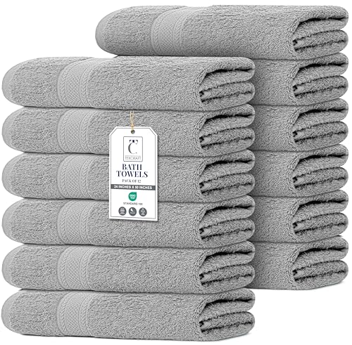 TEXCRAFT Bulk Large Bath Towels Set of 12 – 100% Cotton Terry – 24" x 50" – Quick Dry, Soft & Highly Absorbent – Light Grey Towels for Bathroom, Gym, Spa, Pool & Daily Use