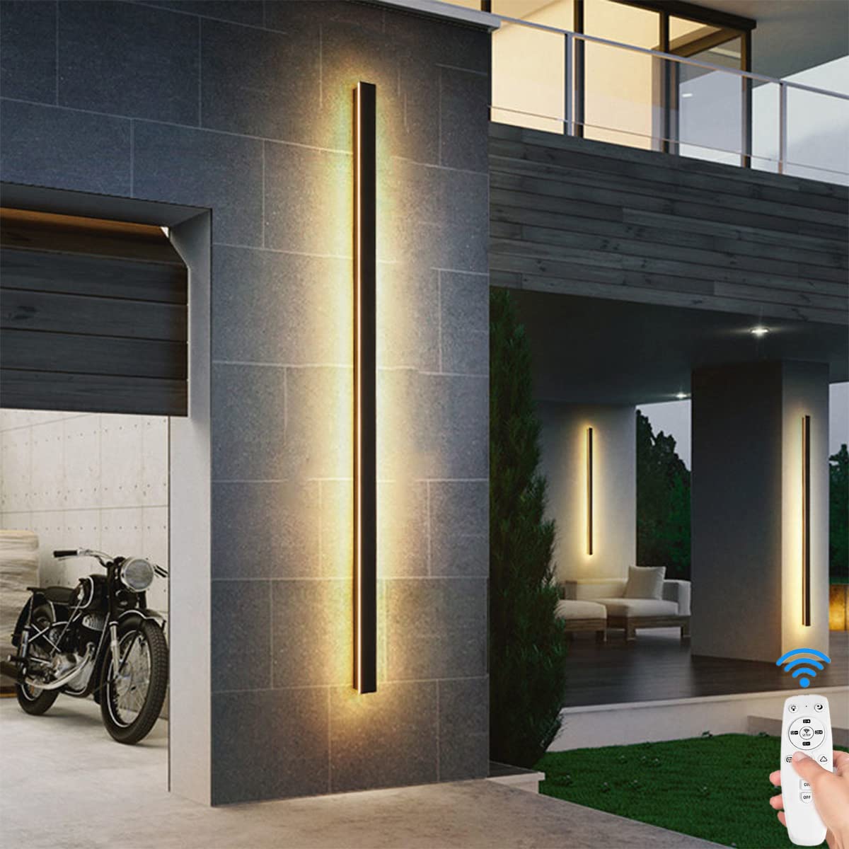 HELCEKOU Dimmable LED Wall Lights Outdoor/Indoor IP65 Waterproof Black Metal Courtyard Sconce with Remote Control Modern 120CM 24W Garden & Hallway Lighting Fixture