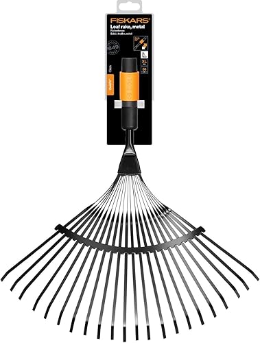 Miniatura 5 de Fiskars QuikFit 1000644 - Rastrillo para hojas, con 20 púas, anchura 16.9 in, dientes de acero, negronaranja
