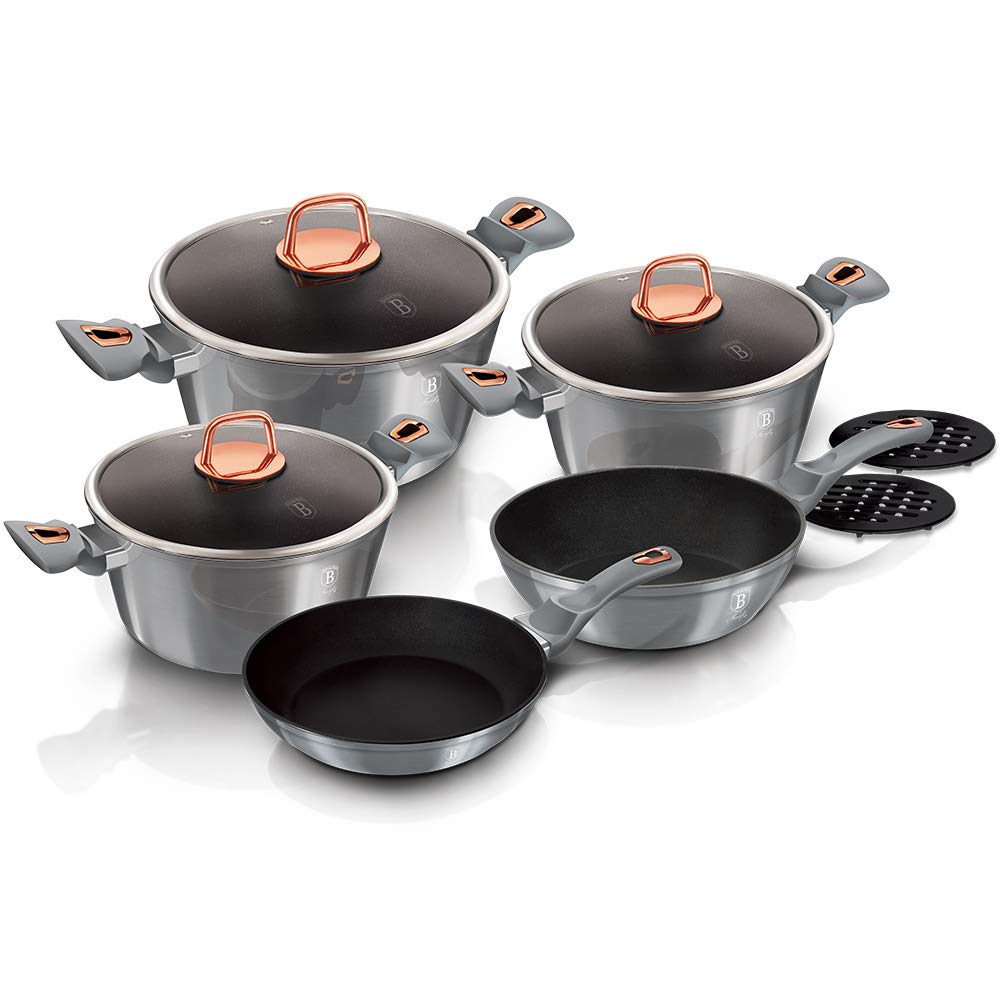 Berlinger Haus Moonlight Batería Cocina Inducción 10 Piezas, Antiadherente Titanio sin PFOA, Aluminio, Set 3 Cazuelas, 3 Tapas Cristal, 2 Sartenes, 2 Salva Manteles, Diseño Moderno, Vitrocerámica