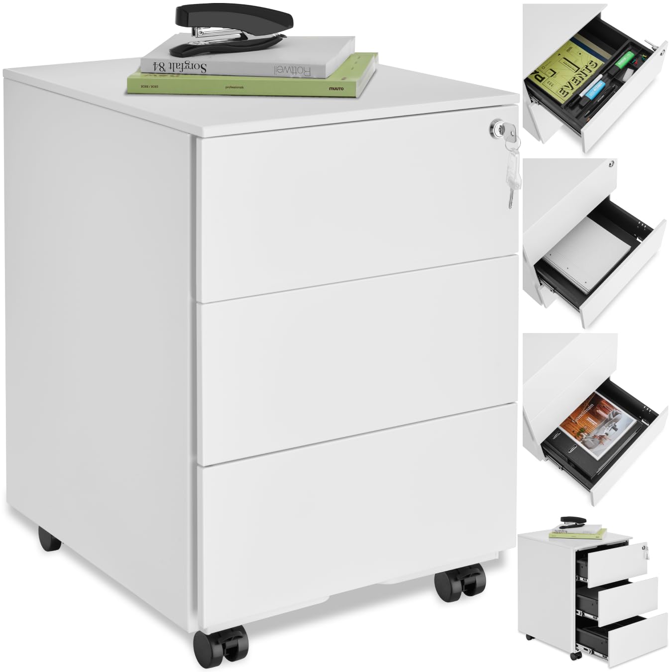 tectake® Büro Metall Aktenschrank mit Rollen, abschließbare Kommode mit Schubladen für Schreibtisch, Rollcontainer, Schubladenschrank, Organzier, Rollwagen Schrank abschließbar (weiß)