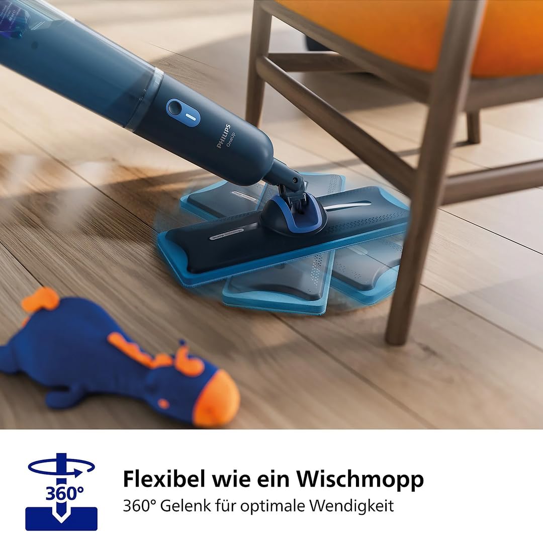 Philips OneUp 3000 Series elektrischer Wischmopp - 2X sauberere Böden², 2X schnelleres Wischen, kabellos mit 360° Drehgelenk, waschbare Wiederverwendbare Pads, langanhaltender Akku (XV3101/01 | inkl. 1 Pad, kabellos, 360° Drehgelenk, 2x schnelleres Wische