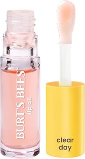 Burt's Bees Clear Day Lip Oil: Instant Hydration, Non-Sticky High Shine, Jojoba Oil, Peach Flavor, Plush Wand, 0.15 oz