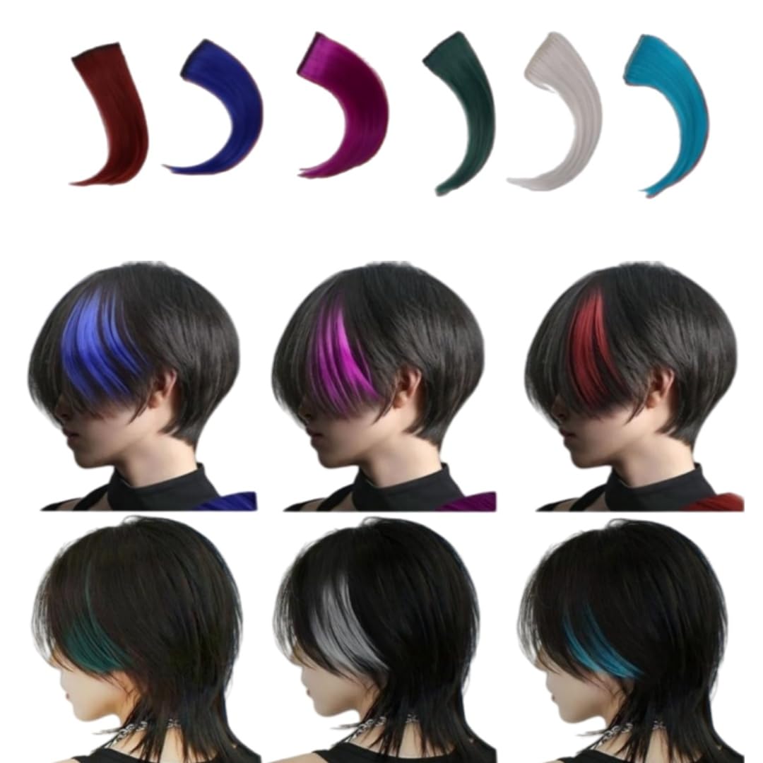 EEUOPQ エクステ ワンタッチ カラーエクステ ウィッグ つけ毛 ヘアピース 6色セット 男女兼用 ハイライト かつら コスプレ cosplay 日常 ポイントウィッグ イケメン 薄型 耐熱 クリップ 着用簡単