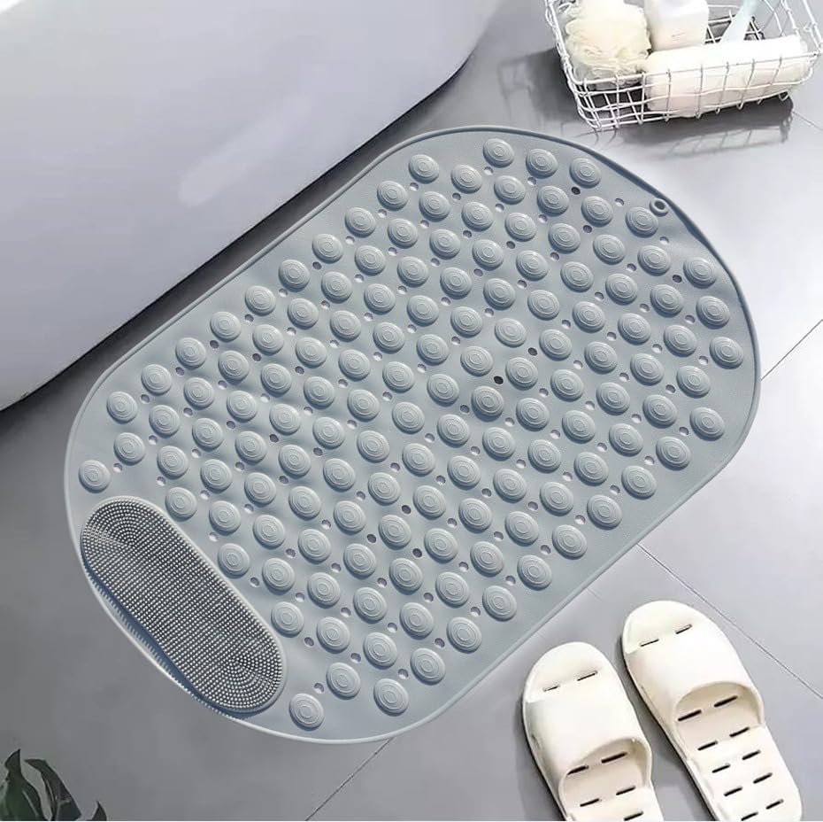 Image of Homecloud Anti Skid Mat for Bathroom Floor Shower mats for Bathroom Anti Slip with Foot Scrubber Bath mat Anti Slip with Suction Cups & Drain Holes (69x35 Cm) (Oval Grey)