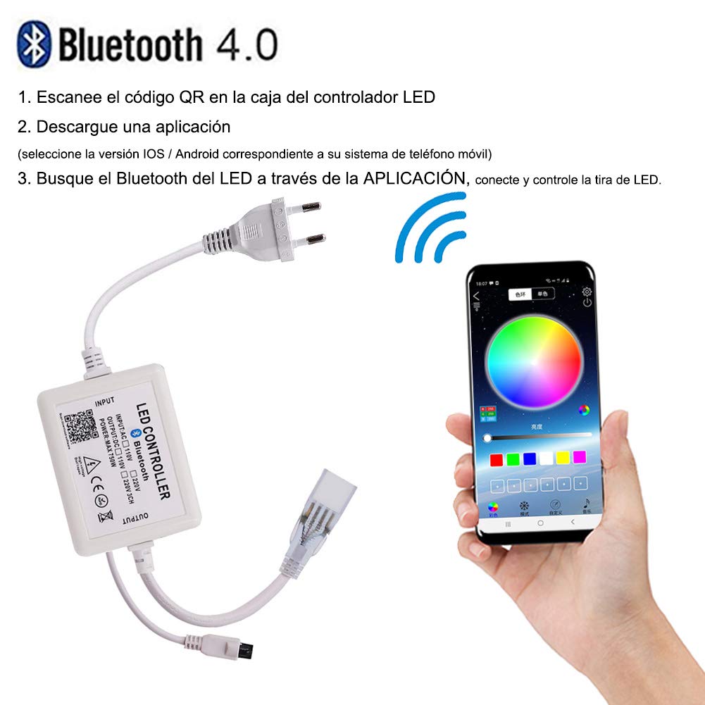 XUNATA Bluetooth luz Flexible LED Neon Musica, 220V 5050 60 LEDs/m RGB Tira LED + Control Remoto, IP67 Impermeable Interior Intemperie Escalera de Techo Luces Decoración - 12m