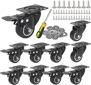 8 Pack 2" Casters Heavy Duty Wheels with Two Backup Wheels and Screws & Tool, Swivel Casters with Brake, Locking Casters No Noise Polyurethane Castors Wheels for Cart and Furniture Black 8Pcs&2Backup