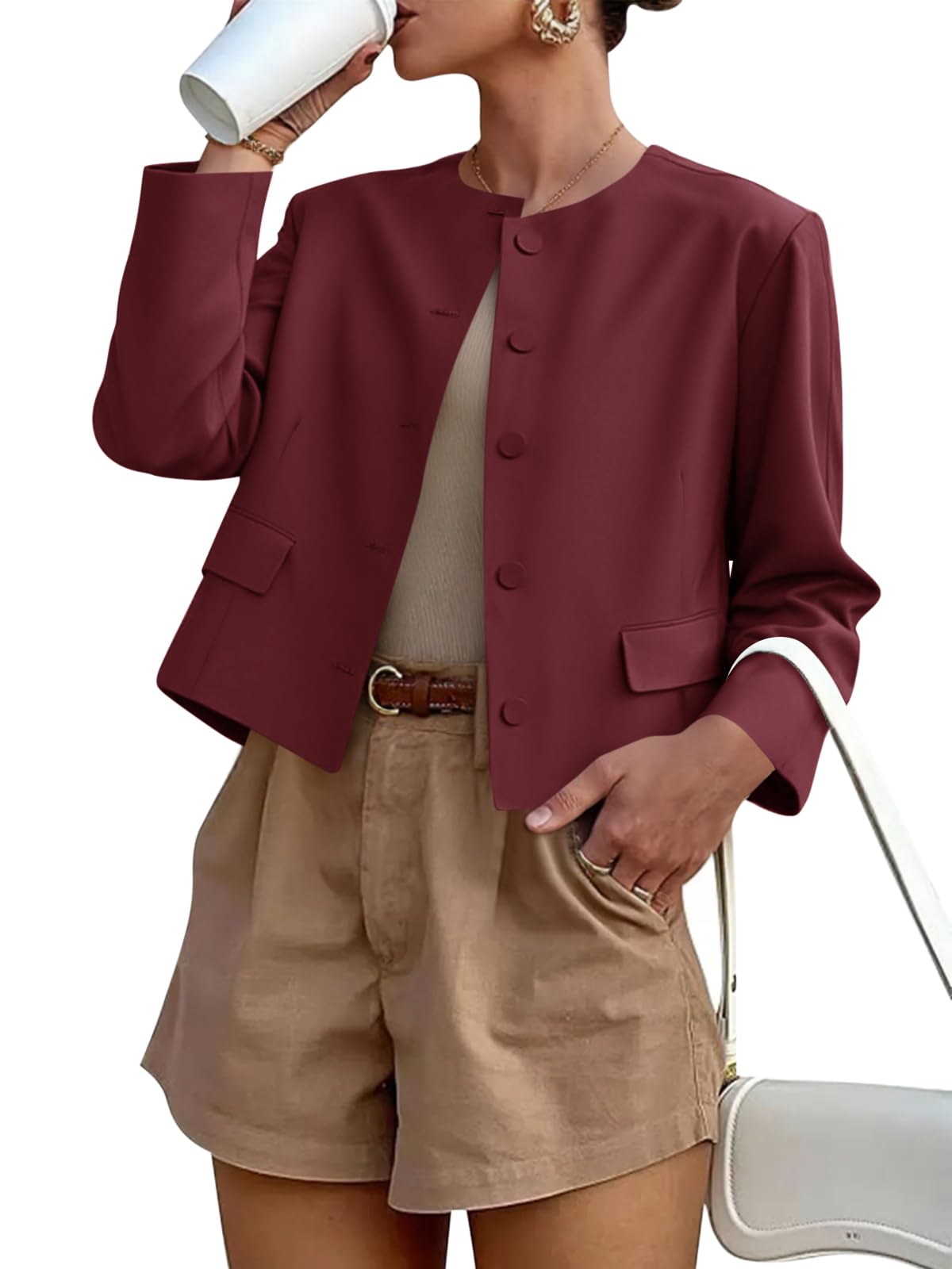 Cicy Bell Womens Balloon Long Sleeve Blazer Cropped Collarless Button Down Suit Jackets Business Casual Fall Outerwear