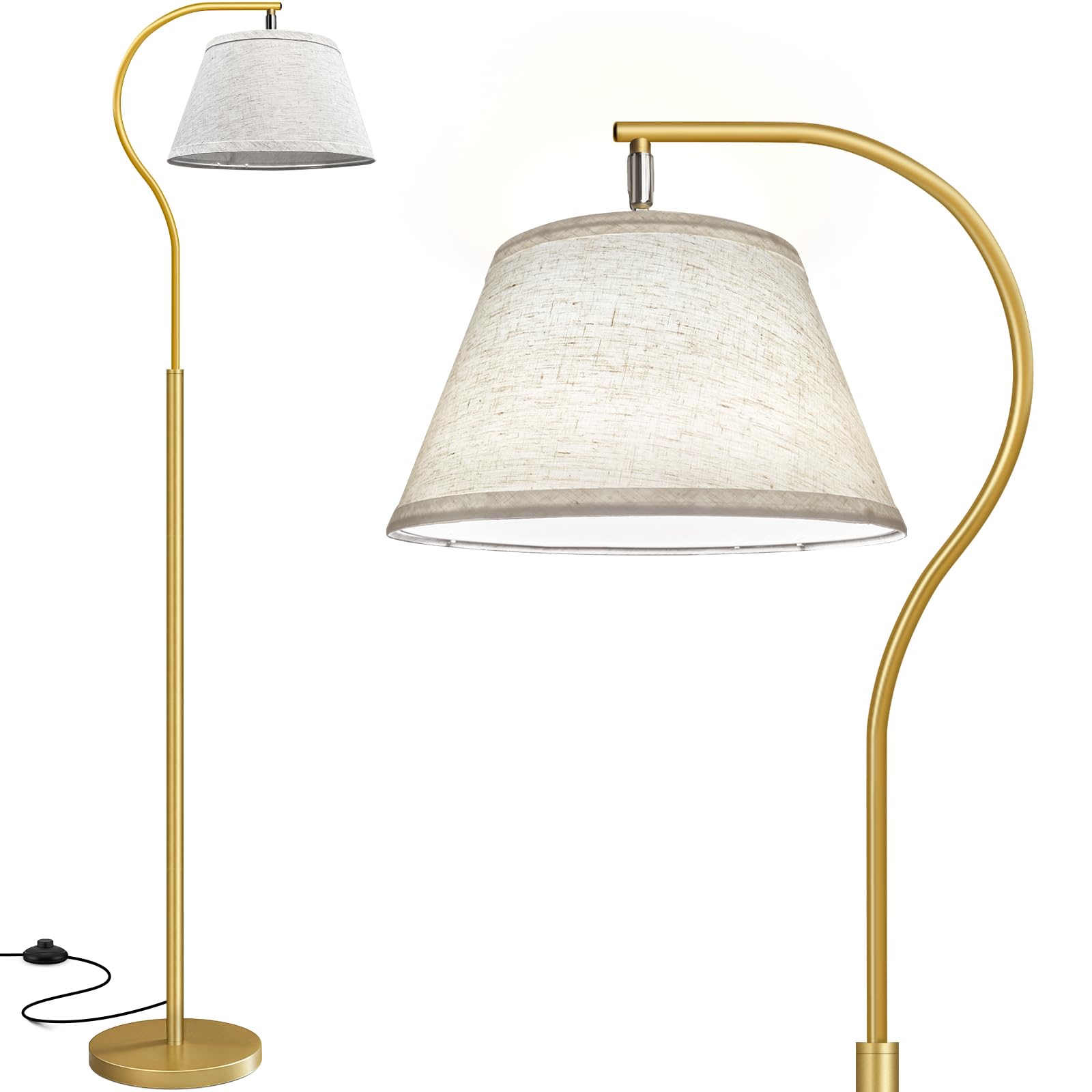 BBHome Lámpara de Pie para Salon, Lámpara de Arco con Pantalla e Interruptor de pie, Lampara pie Moderna con Bombilla LED de 9W, Lampara Salon E27 de 170 cm para salón, dormitorio (Dorado)