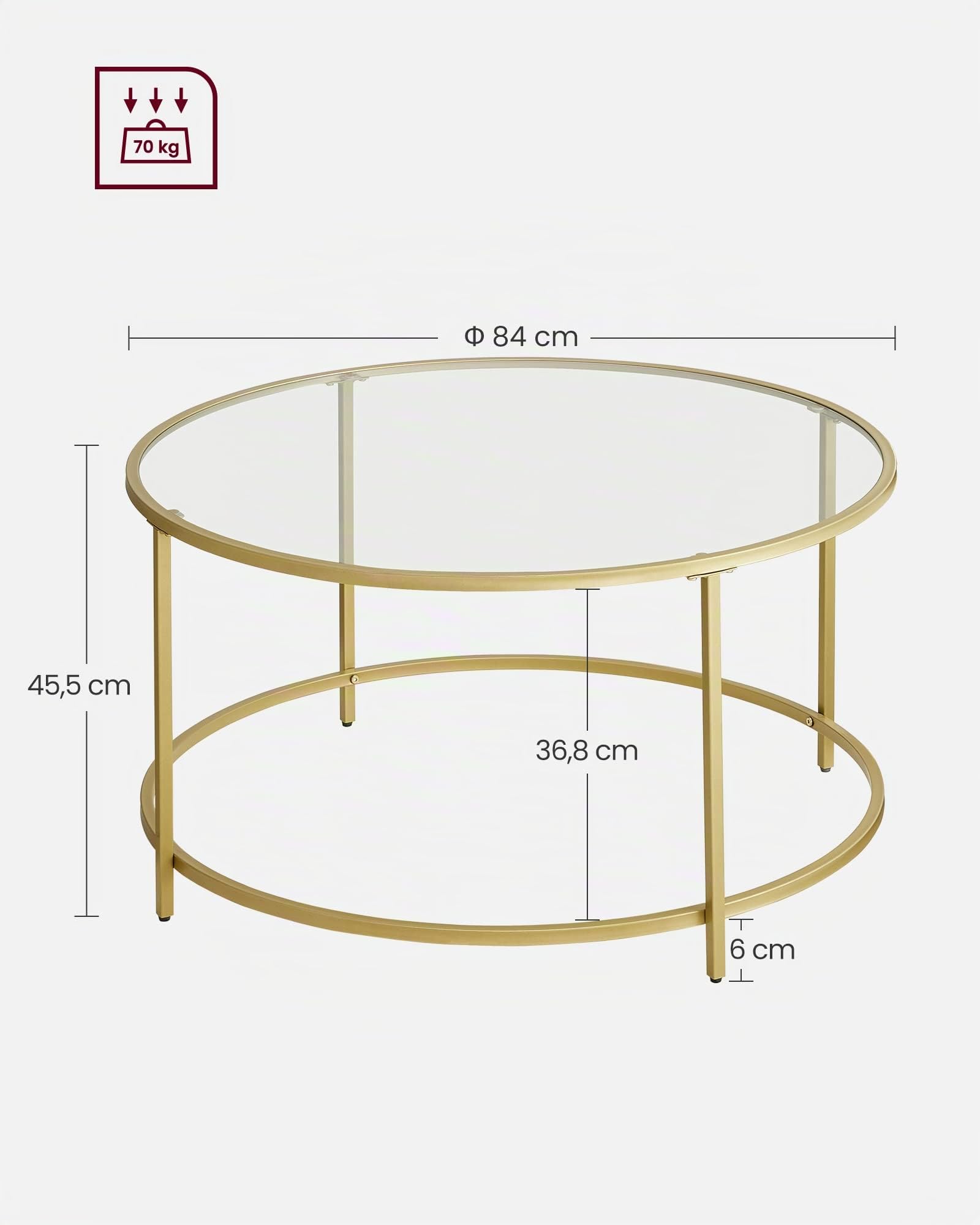 VASAGLE Mesa de Centro Redonda, Mesa de Cristal con Marco de Acero, Mesa de SalÓn, Mesa de CafÉ, Dorado LGT21G