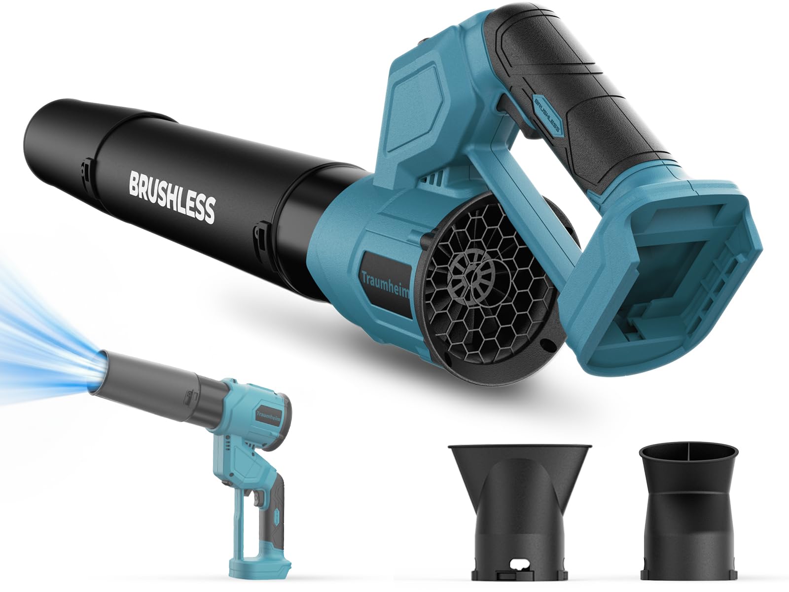 Soffiatore per foglie a batteria 2 in 1, motore brushless, 3 velocità, velocità massima 900.000 giri/min, flusso d'aria 1000 m³/h, modalità verticale e orizzontale (Batteria non inclusa)