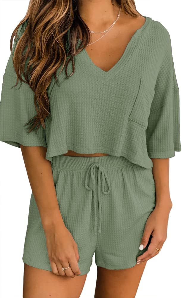 Ezbelle Women's V Neck Waffle Knit Pajamas Set Short Sleeve Crop Tops with Shorts 2 Piece Outfit Lounge Set