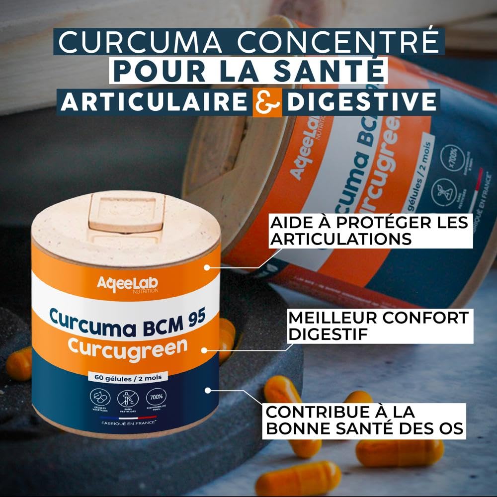 Curcuma ultra dosé - Qualité maximale : BCM95® Curcugreen® - Digestion & Articulation - Meilleure biodisponibilité : x700% - 2 mois - Testé en laboratoire - Made in FR - Ecoresponsable - Aqeelab