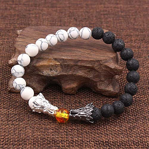 Tqyzkh Bead Bracelets For Men And Women Natural Black Lava & White Howlite Buddha Dragon Beaded Stone Bracelet Good Luck Charm Jewelry Gift Adjustable #TOP3