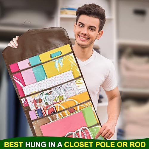 Miniatura 35 de ProPik Organizador de almacenamiento de bolsas de regalo de doble cara con múltiples bolsillos delanteros y traseros, organiza tu papel de regalo