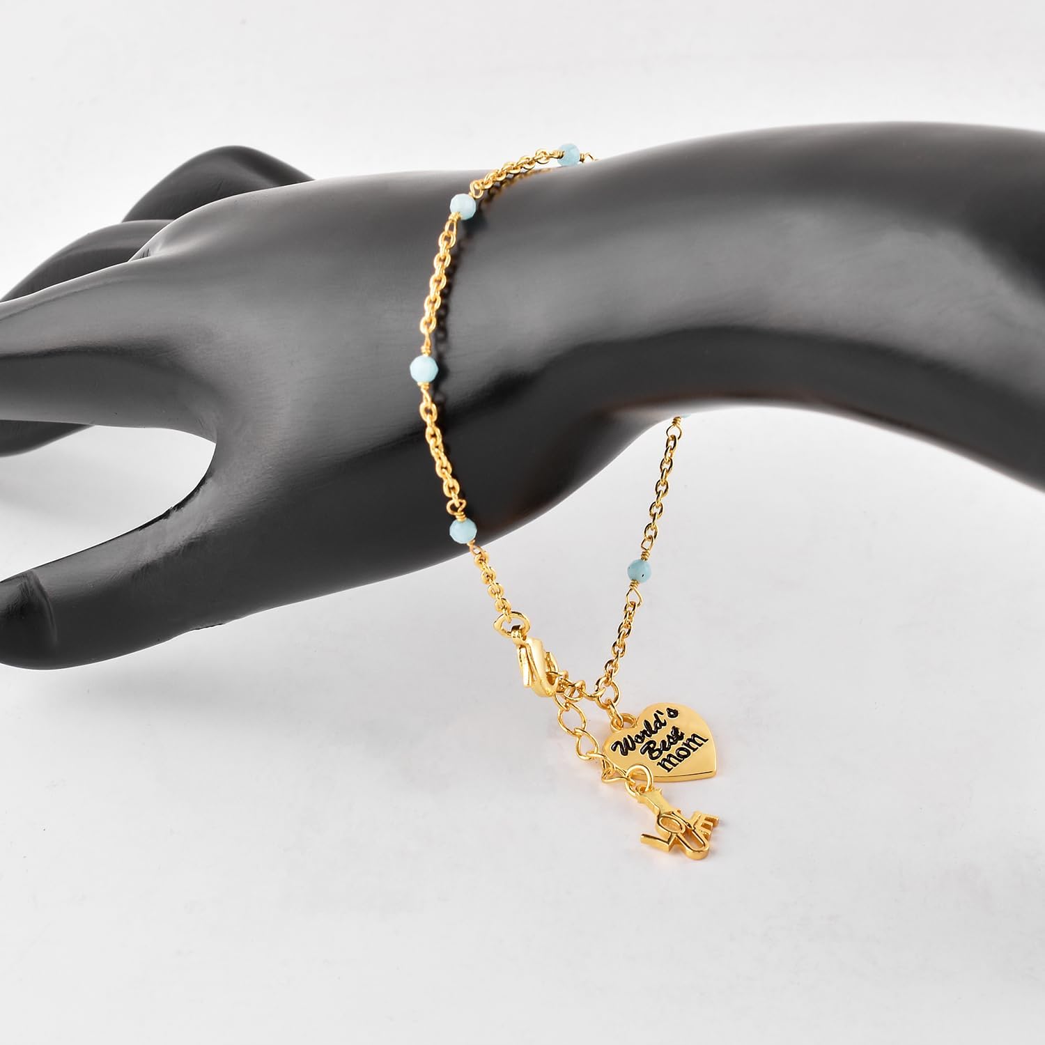 Natural Beads Bracelets For Women Birthstone Jewelry Crystals and Healing Stones, Heart Charm “World’s Best Mom” and “I LOVE U” Charm, 18K Gold Plated Chain 8''