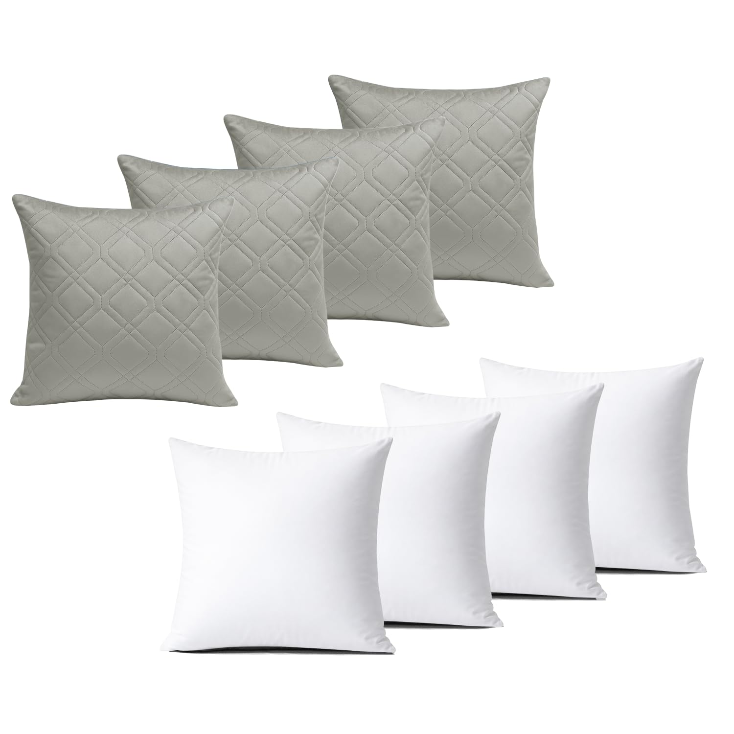BedLooms Cushions with Covers Included 45x45 cm Silver Pack of 4 (4-Cushion Covers + 4-Cushion Inners) Ultrasonic Diamond Velvet Square Throw Pillow Cases with Invisible Zipper for Sofa Bedroom