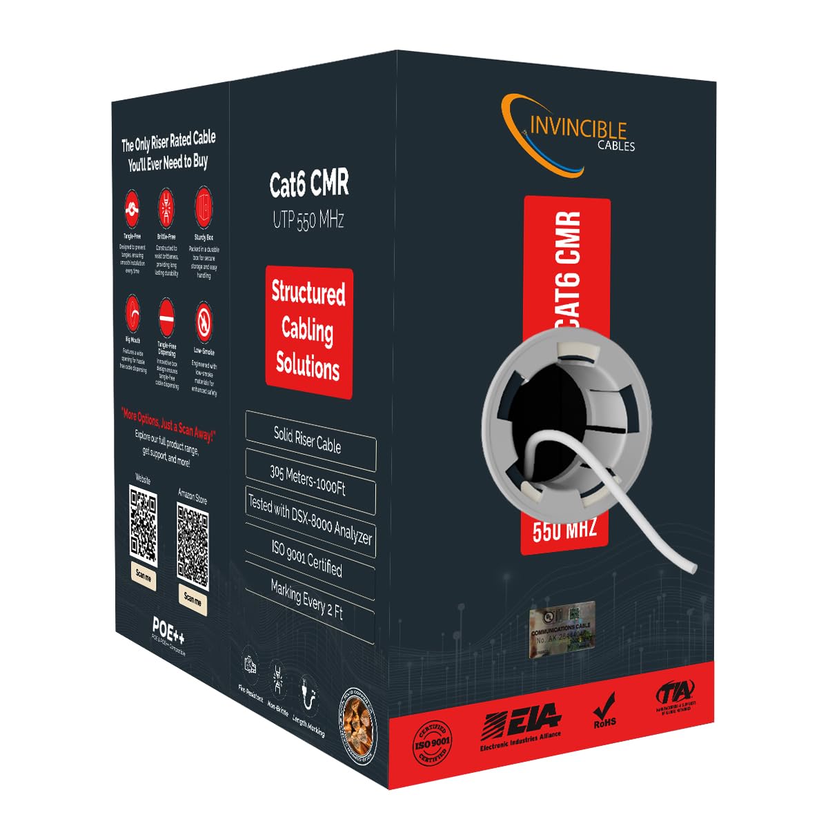 Cat6 Riser (CMR) 1000ft Cable |UL Certified |100% Solid Copper, 550 MHz, 23AWG, 4 Pair, UTP |DSX-8000 Analyzer Tested Up to 100m |(4PPoE) |Most Certified Cable in The Market (White)