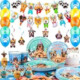Puppy Dog Birthday Party Supplies for Kids,16 guests Dog Theme Birthday Party Supplies &Tableware Set Plates Cups Napkins Tablecloth Balloon Cake Topper etc Puppy Themed Party Supplies