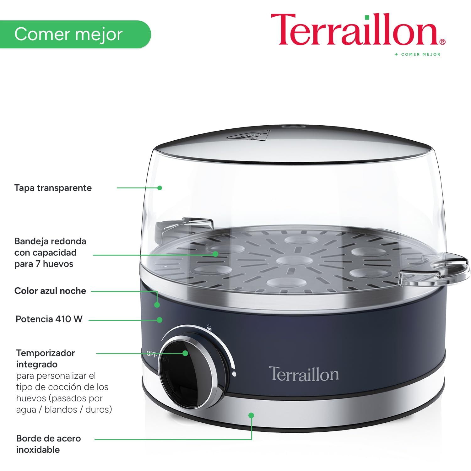 TERRAILLON - NEW MOON - Olla de huevo eléctrica, capacidad 7 huevos, 410 W, temporizador integrado, tapa integrada, vaso de medición, cuerpo de acero inoxidable pintado, azul