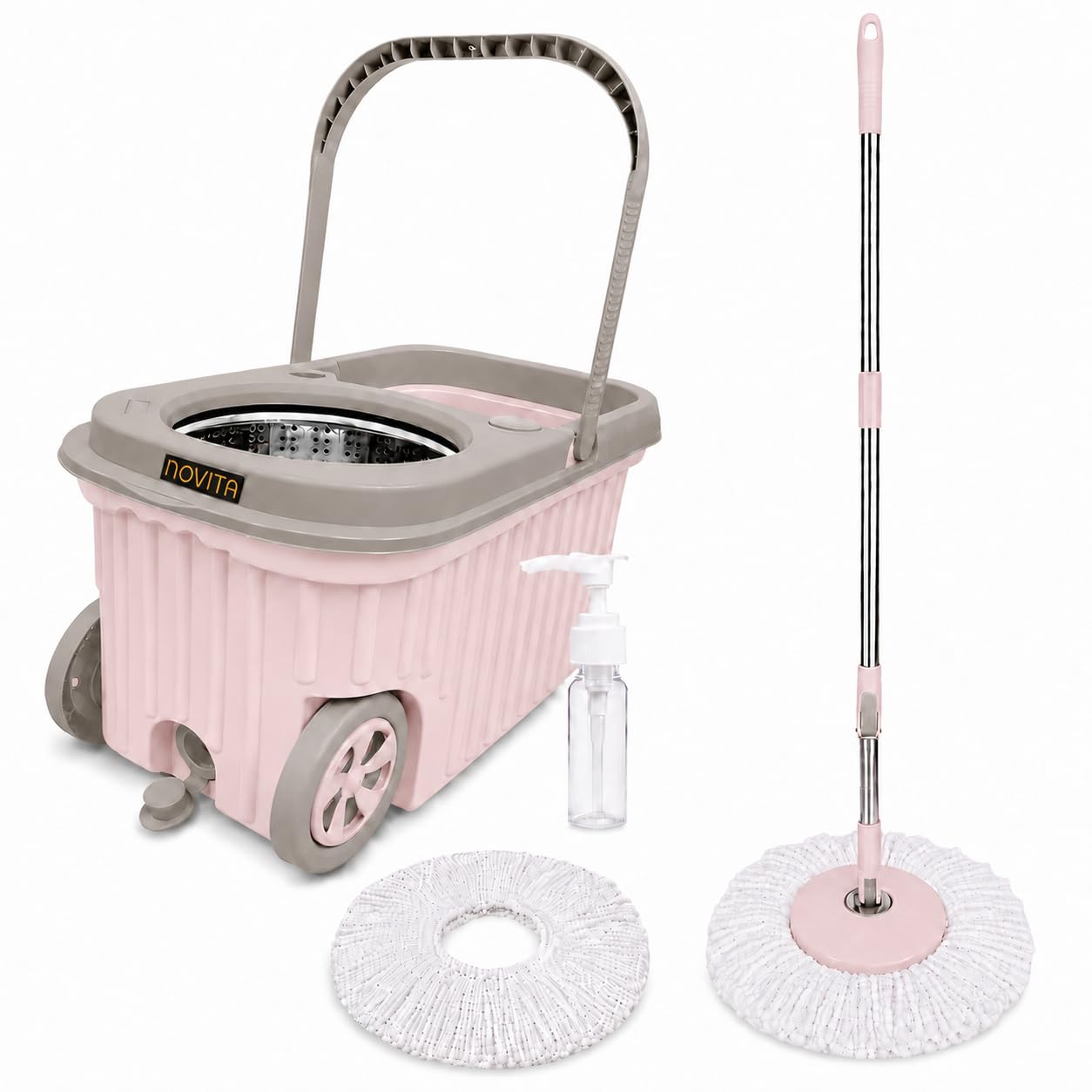 Novita Spin Mop Bucket Set with Big Wheels & Disposable Bottle | 360° Rotating Adjustable Head with Pull Handle | Stainless Steel Wringer | 1 Microfiber & 1 Extra Refills for All Floor Types- Chestnut-image-13