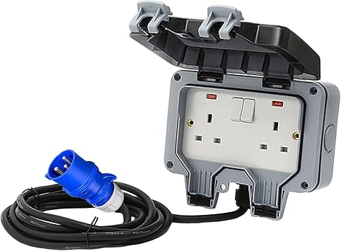Double Outdoor Socket with 1m/3m Waterproof Extension Lead, 32Amp Plug to 13Amp Weatherproof 2Gang Socket, Heavy Duty Cable, Outdoor Plug Sockets Waterproof Covered sockets box 1m